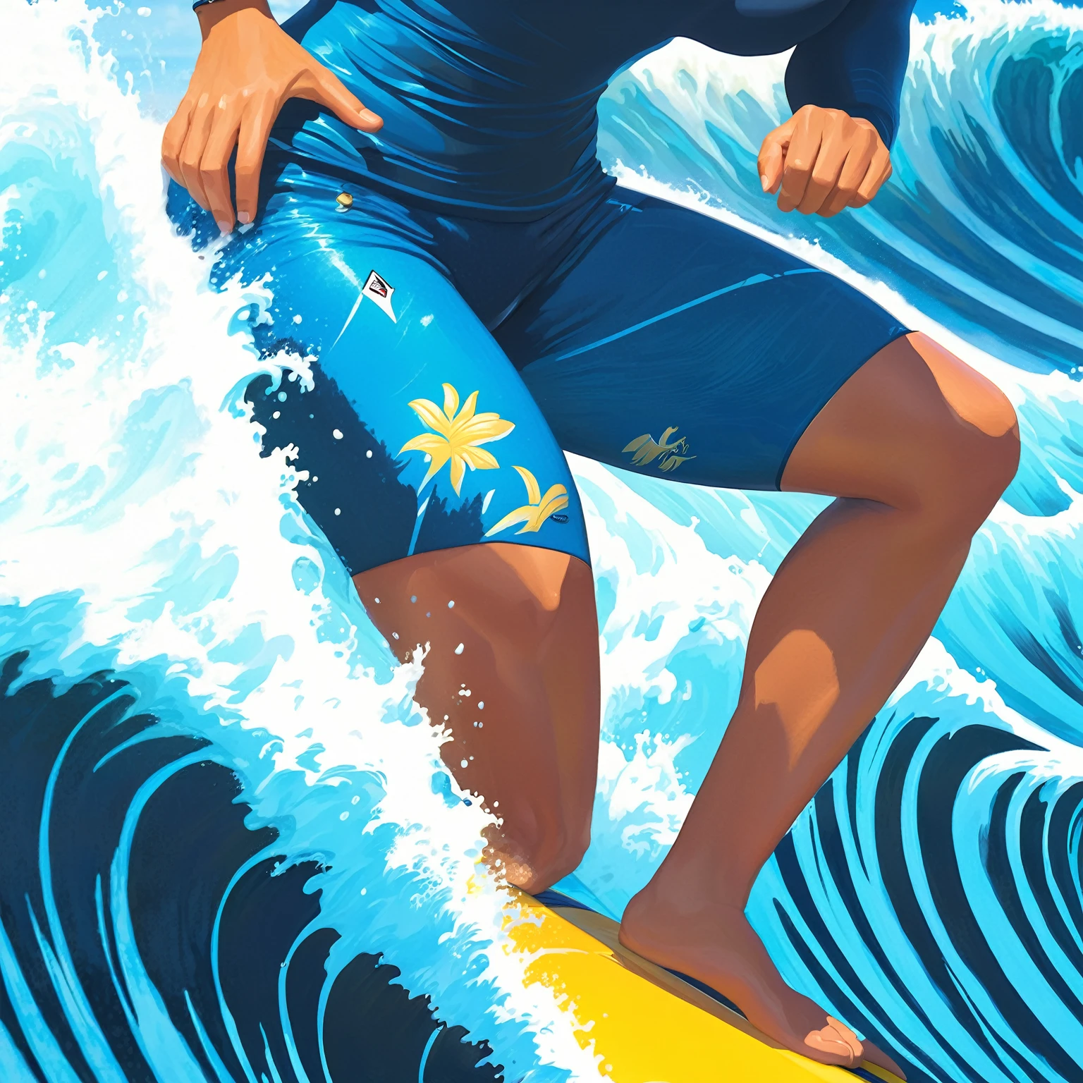 surfer in blue wetsuit riding a wave on a yellow surfboard, jen bartel, surfing, stylized digital illustration, highly detailed digital painting, surf, in style of digital illustration, digital painting highly detailed, rob rey and kentaro miura style, in gouache detailed paintings, ride the wind and waves, detailed gouache paintings, digital illustration -, poster illustration