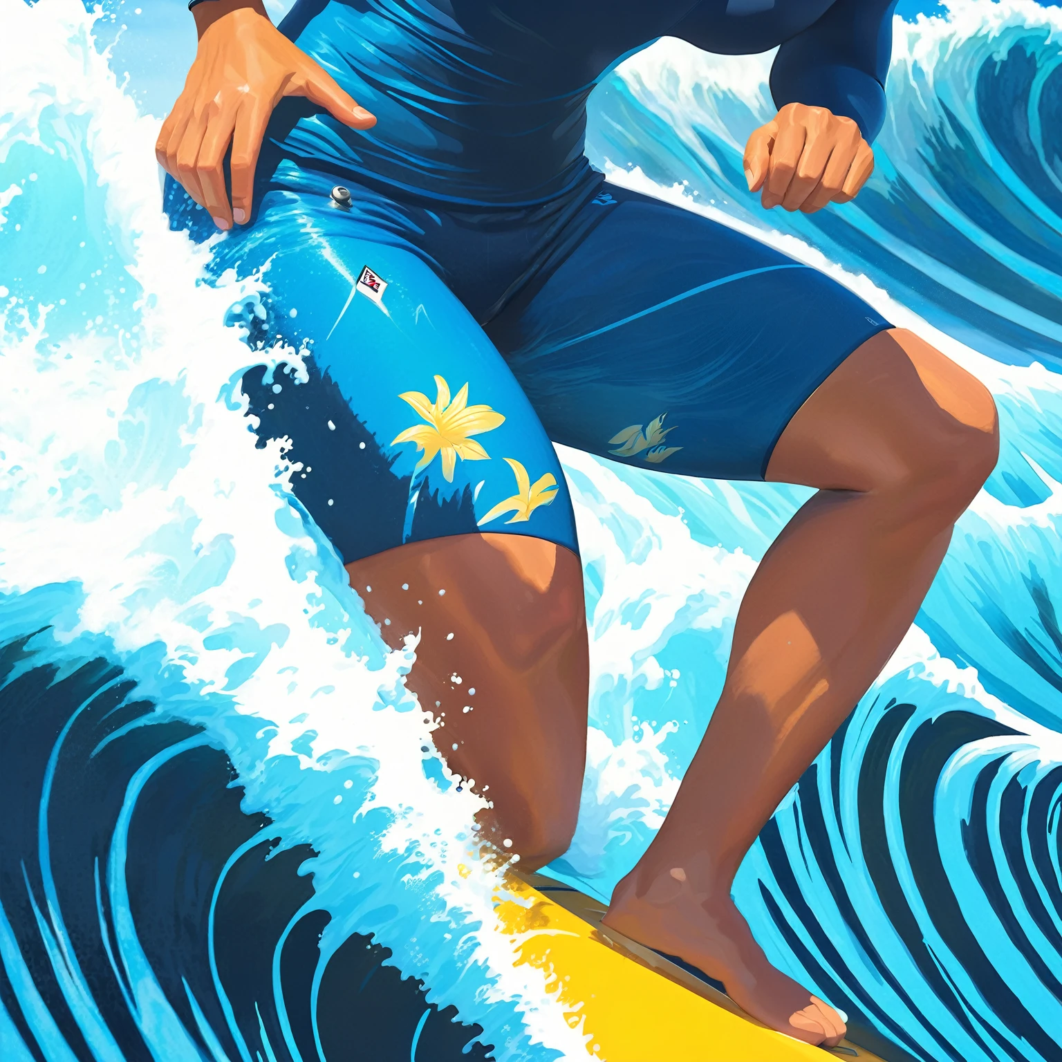 surfer in blue wetsuit riding a wave on a yellow surfboard, jen bartel, surfing, stylized digital illustration, highly detailed digital painting, surf, in style of digital illustration, digital painting highly detailed, rob rey and kentaro miura style, in gouache detailed paintings, ride the wind and waves, detailed gouache paintings, digital illustration -, poster illustration