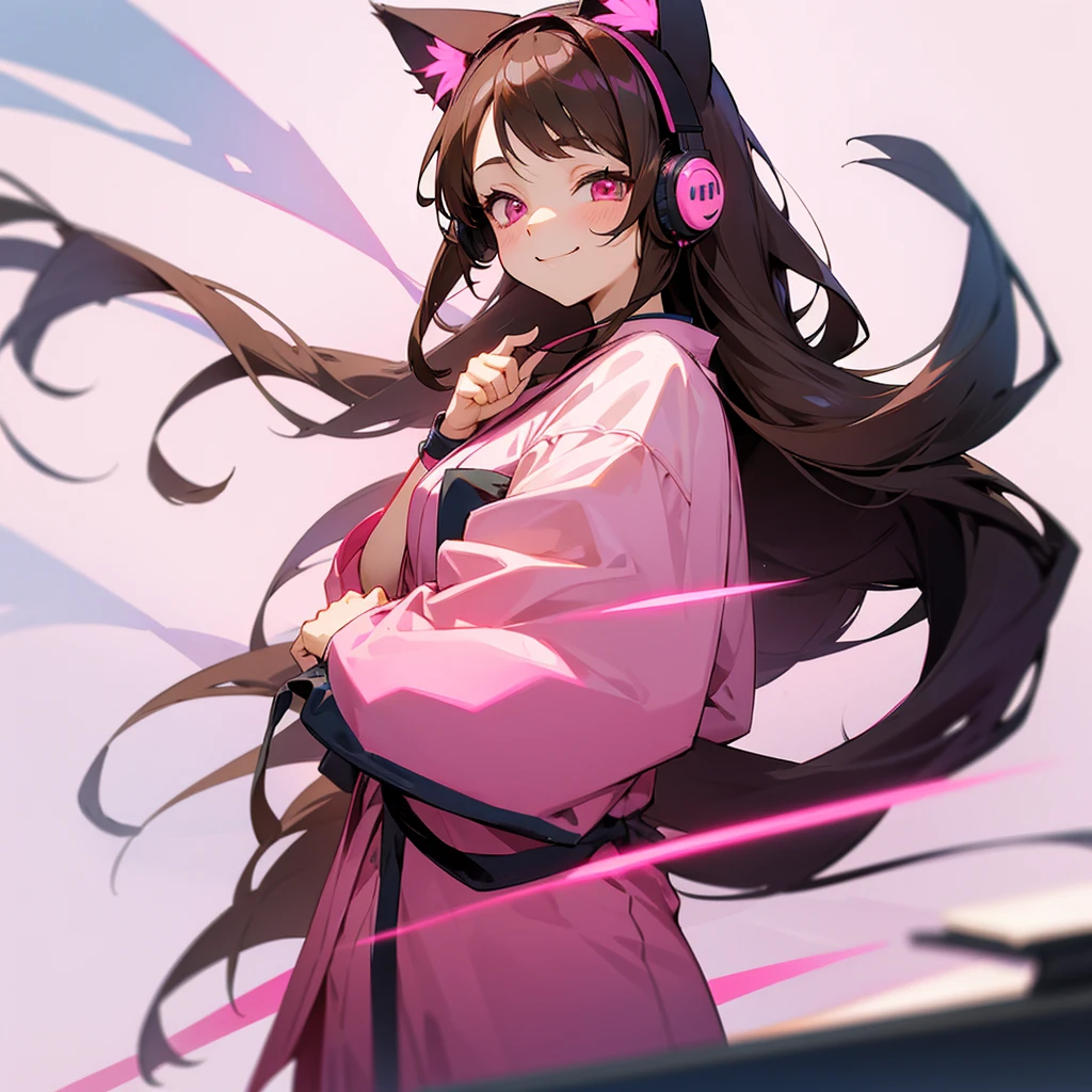 Anime girl, with pink eyes, brunette, standing in school pink japanese clothes, long hair, White background, wearing cat ear headphones, winked, smiling