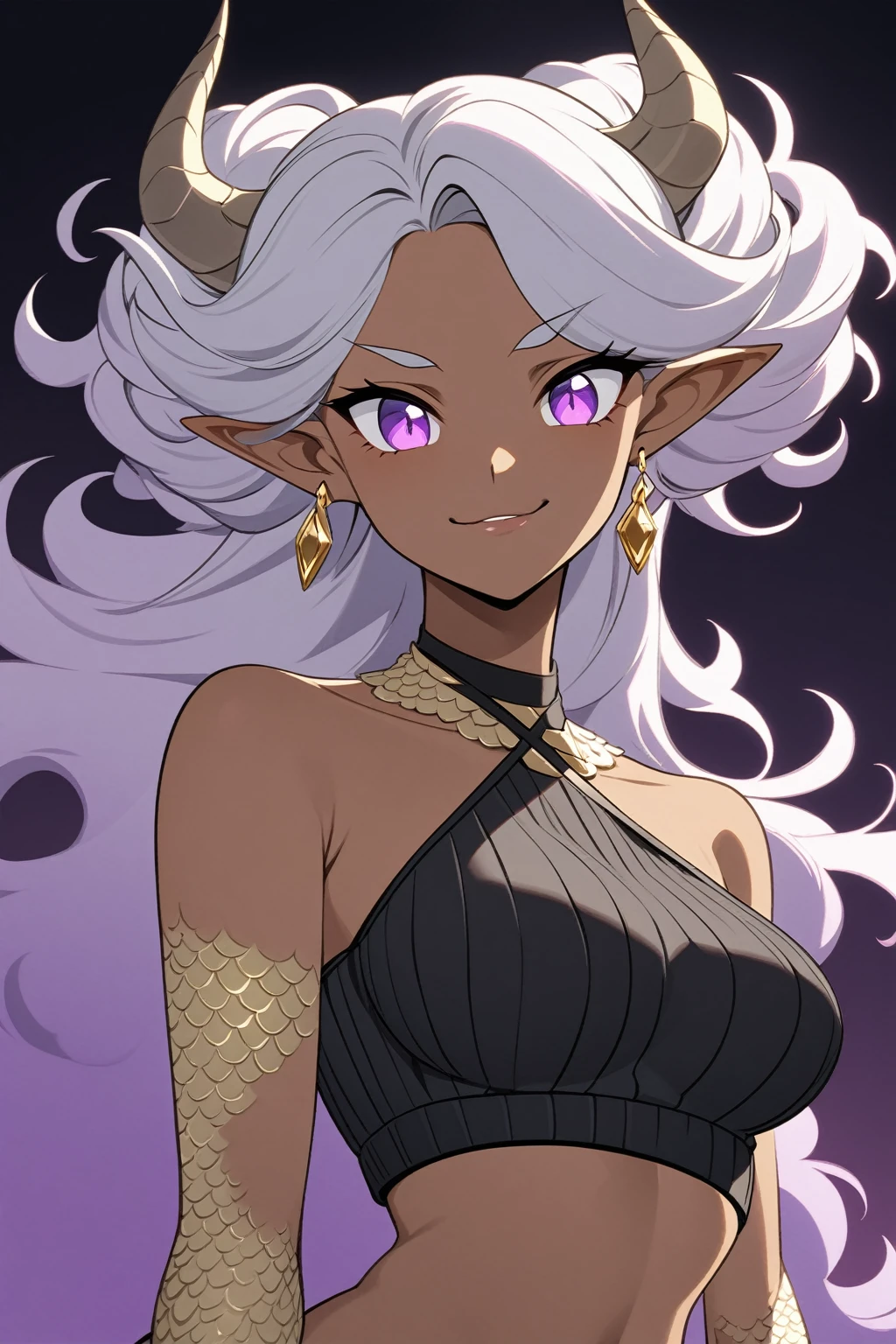 Genshin Impact art style, (dark-skinned woman: 1.4), (silver lizard scales on arms: 1.4), portrait, (curvaceous body: 1.3), medium breasts, wide hips, (large black demon horns: 1.3), (long curly fluffy hairstyle: 1.2), (silver hair: 1.1), glowing violet eyes, very long pointy ears, (amethyst and gold jewelry and earrings: 1.2), black nails, cool expression, small smirk, (white and black ribbed halter top: 1.3), midriff, (sassy pose: 1.2), purple aura, dark gradient background, dark lighting, 1girl, solo
