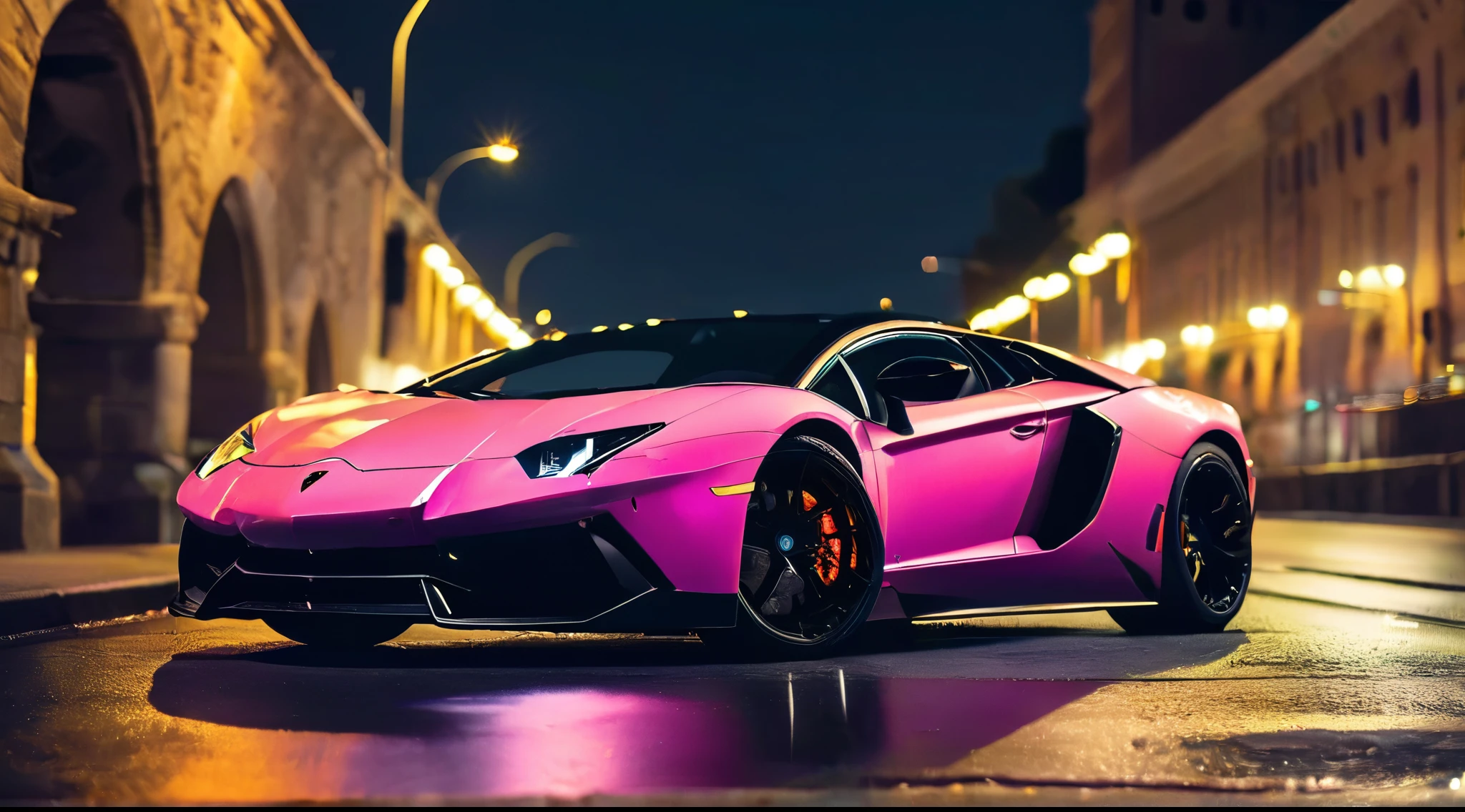 Lamborghini aventador slate gray, parked beneath a city bridge at sunset, bridge lights casting kaleidoscopic hues, car gleaming, reflecting the myriad of colors, shot with a Canon mirrorless camera at 200mm focal length, focus on the sleek curves of the automobile, background blurred into a bokeh of urban twilight, high-quality photo, glossy finish, cinem