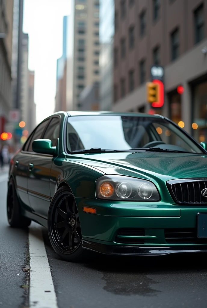 Dark green sedan car, hyundai elantra brand, model 2001, black rims, black hoops