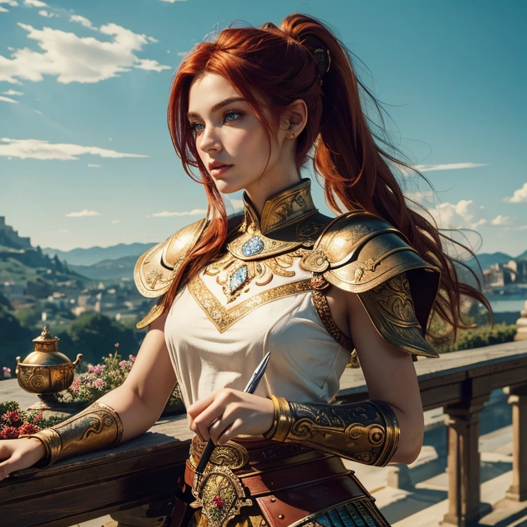 (masterpiece, best quality:1.5), highest quality, High resolution, super detailed, Realists, Upper body photo of a red-haired warrior , detailed and beautiful eyes, beautiful detailed lips, very detailed eyes and face, longeyelashes, Warrior in noble armor made of reflective golden metal, Noble details on the armor. Beautiful and colorful makeup, ponytail hairstyle, Gardens as background, bright daylight, bright colors, fine brushstrokes, Portrait style, beautiful color palette, glowing skin, First-class rendering, that captures every detail, enchanting atmosphere, (perfect anatomy:1.2), (The stunning warrior holds a richly decorated sword in her hand. (magnificent panorama view:1.2)