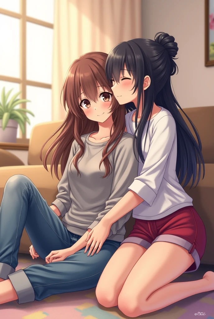 Two girls sitting next to each other on the floor. The first high, Brown hair, wavy and long, Brown eyes, slight blush, grey sweater, jeans pants. the other of average height, black hair, straight and long updo, blue eyes, sleeping on the other&#39;s shoulder, White shirt, red shorts. couple vibes. Living room background. different poses, manhua style