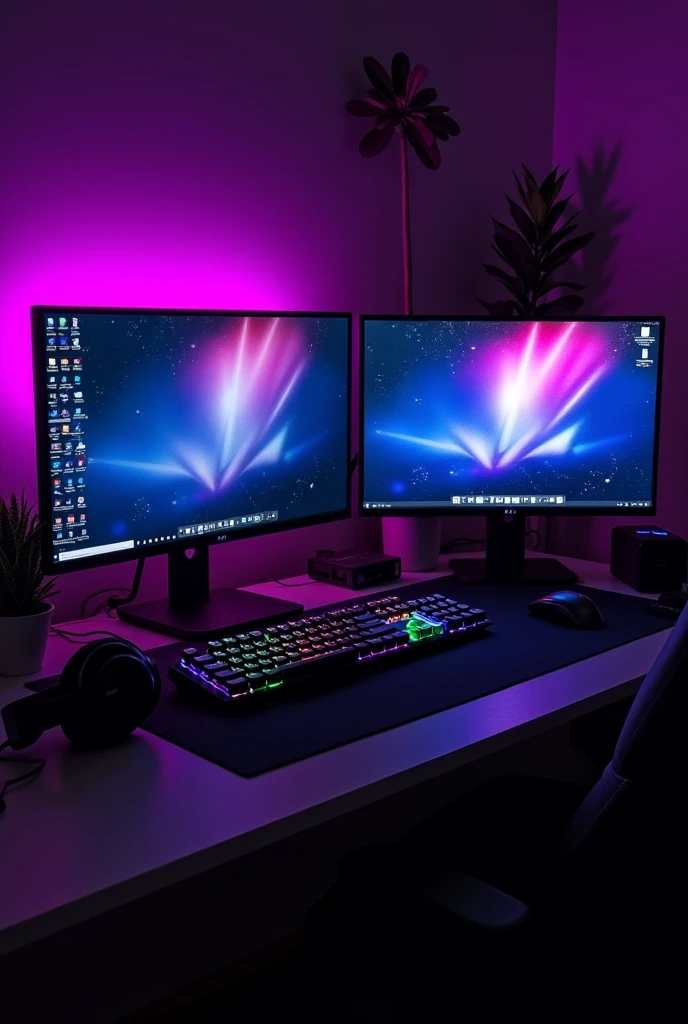 pc gamer, 2 black monitors, gaming keyboard, 1 mouse, headphones, gabinete gamer.
rgb violet.
