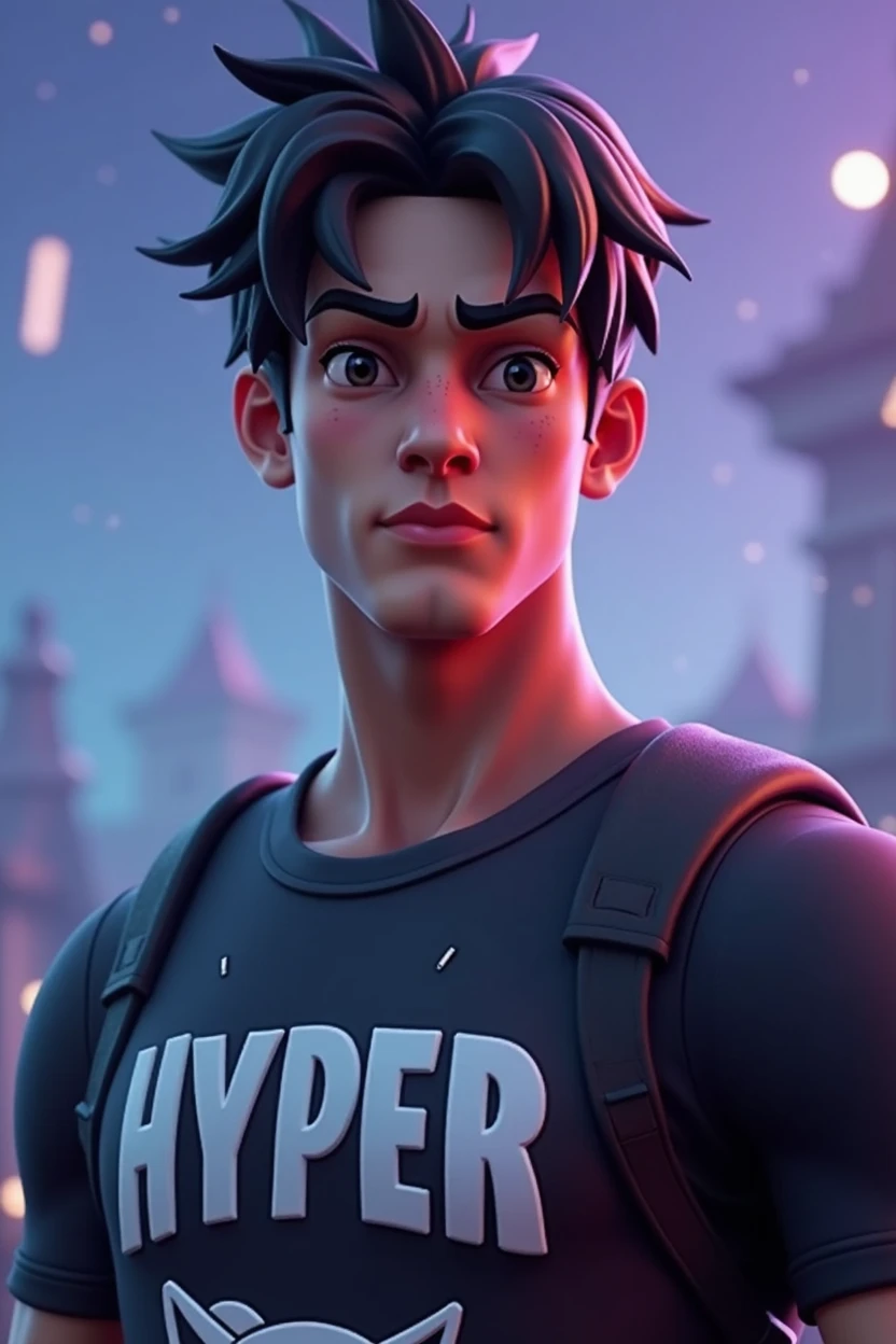 Fortnite Background with Male Fortnite Figure, Bblack hair, masculine face, with Hyper written on the shirt and a symbol of an animal bite on the shirt