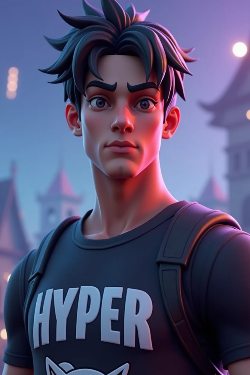 Fortnite Background with Male Fortnite Figure, Bblack hair, masculine face, with Hyper written on the shirt and a symbol of an animal bite on the shirt