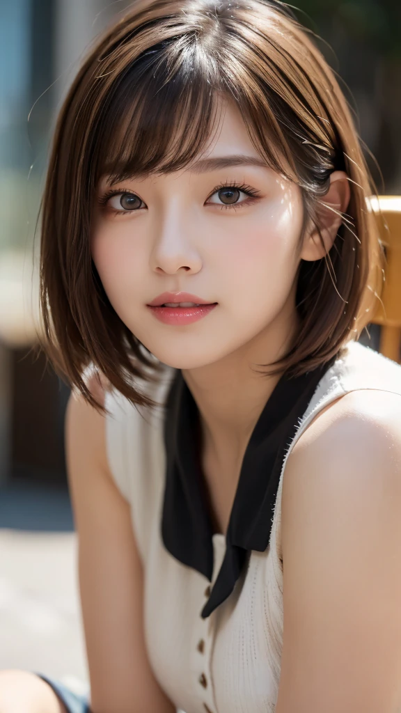 (masterpiece:1.3), (16k, photorealistic, RAW photo, best quality: 1.4),absurdres, attractive, ultra high resolution, ultra realistic, highly detailed, golden ratio, ultra detailed, super fucking beautiful detailed face, natural makeup, detailed cloth texture, detailed hair texture, beautiful detailed fullbody, Perfect female body, accurate, Anatomically correct, Highly detailed face and skin texture, (beautiful hands), (realistic skin), (beautiful pale skin:1.1), (Perfect dynamic composition, looking at viewer, full body shot),(Straddling a chair:1.3),
BREAK,
realistic eyes, beautiful detailed eyes, symmetric eyes, Light Brown eyes, Double eyelids, Thin eyebrows, (Glossy lips:1.4), (Seductive expression:1.3), (beautiful smile:1.1), (blush:1.2),
BREAK,
((short hair, bob, Dark blonde hair, bangs:1.2)), (High school, high school girl, school uniform:1.3)