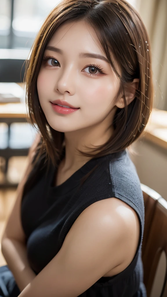 (masterpiece:1.3), (16k, photorealistic, RAW photo, best quality: 1.4),absurdres, attractive, ultra high resolution, ultra realistic, highly detailed, golden ratio, ultra detailed, super fucking beautiful detailed face, natural makeup, detailed cloth texture, detailed hair texture, beautiful detailed fullbody, Perfect female body, accurate, Anatomically correct, Highly detailed face and skin texture, (beautiful hands), (realistic skin), (beautiful pale skin:1.1), (Perfect dynamic composition, looking at viewer, full body shot),(Straddling a chair:1.3),
BREAK,
realistic eyes, beautiful detailed eyes, symmetric eyes, Light Brown eyes, Double eyelids, Thin eyebrows, (Glossy lips:1.4), (Seductive expression:1.3), (beautiful smile:1.1), (blush:1.2),
BREAK,
((short hair, bob, Dark blonde hair, bangs:1.2)), (High school, high school girl, school uniform:1.3)