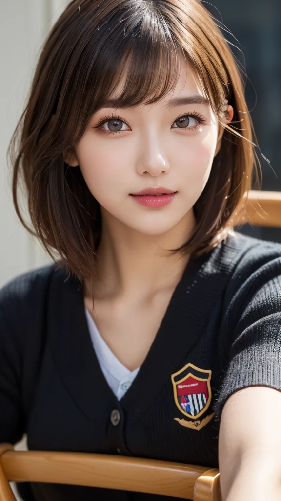(masterpiece:1.3), (16k, photorealistic, RAW photo, best quality: 1.4),absurdres, attractive, ultra high resolution, ultra realistic, highly detailed, golden ratio, ultra detailed, super fucking beautiful detailed face, natural makeup, detailed cloth texture, detailed hair texture, beautiful detailed fullbody, Perfect female body, accurate, Anatomically correct, Highly detailed face and skin texture, (beautiful hands), (realistic skin), (beautiful pale skin:1.1), (Perfect dynamic composition, looking at viewer, full body shot),(Straddling a chair:1.3),
BREAK,
realistic eyes, beautiful detailed eyes, symmetric eyes, Light Brown eyes, Double eyelids, Thin eyebrows, (Glossy lips:1.4), (Seductive expression:1.3), (beautiful smile:1.1), (blush:1.2),
BREAK,
((short hair, bob, Dark blonde hair, bangs:1.2)), (High school, high school girl, school uniform:1.3)