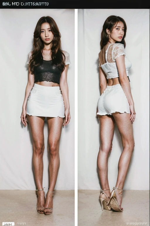 (Original Photography:1.3) ((Ultra HD,8k, best quality)) (Character Design Sheet, Same role, front, side, Back, There is text written around), Mature woman, Perfect body,Stylish hairstyle, Exquisite eyes, Wearing a transparent T-shirt, Lace skirt,Long legs,High heel