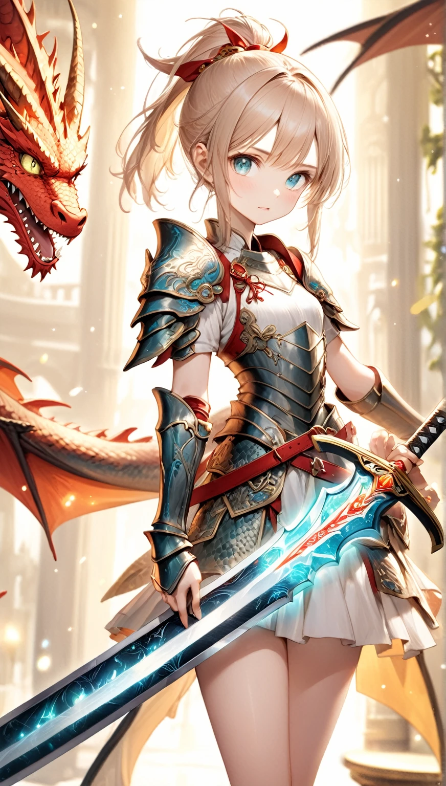 (Highest quality,8k,32K,masterpiece,Ultra-high resolution :1.2 ),born,One girl,Super cute,Natural light,Clear, shining eyes,20-year-old,Fair skin,Fantastic electronic world fantasy background,ponytail,Very detailed armor,Has a big sword,The armor has dragons on it,