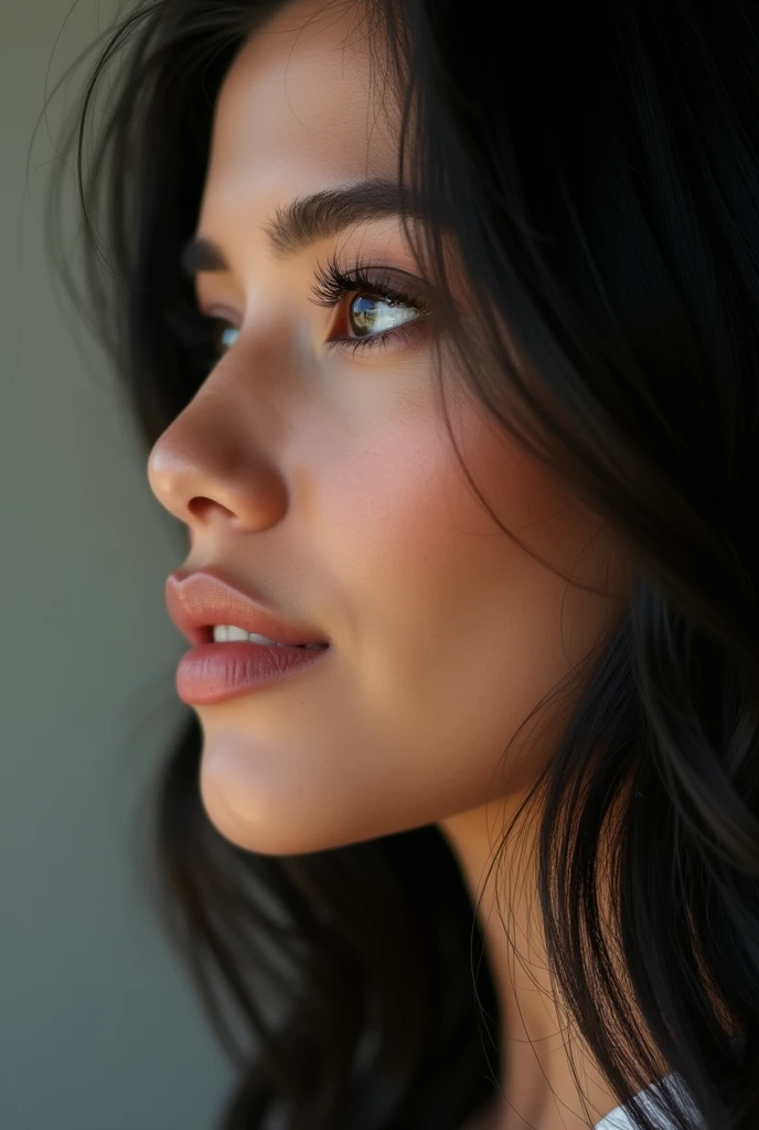 Just a woman's face in profile, well-defined full lips, delicate and upturned nose, big eyelashes, thick, well-marked and effeminate eyebrows, fox-shaped eyes, very light brown skin, very black and straight hair, well-marked jaw , gorgeous woman, perfect smile, image ultra realistic