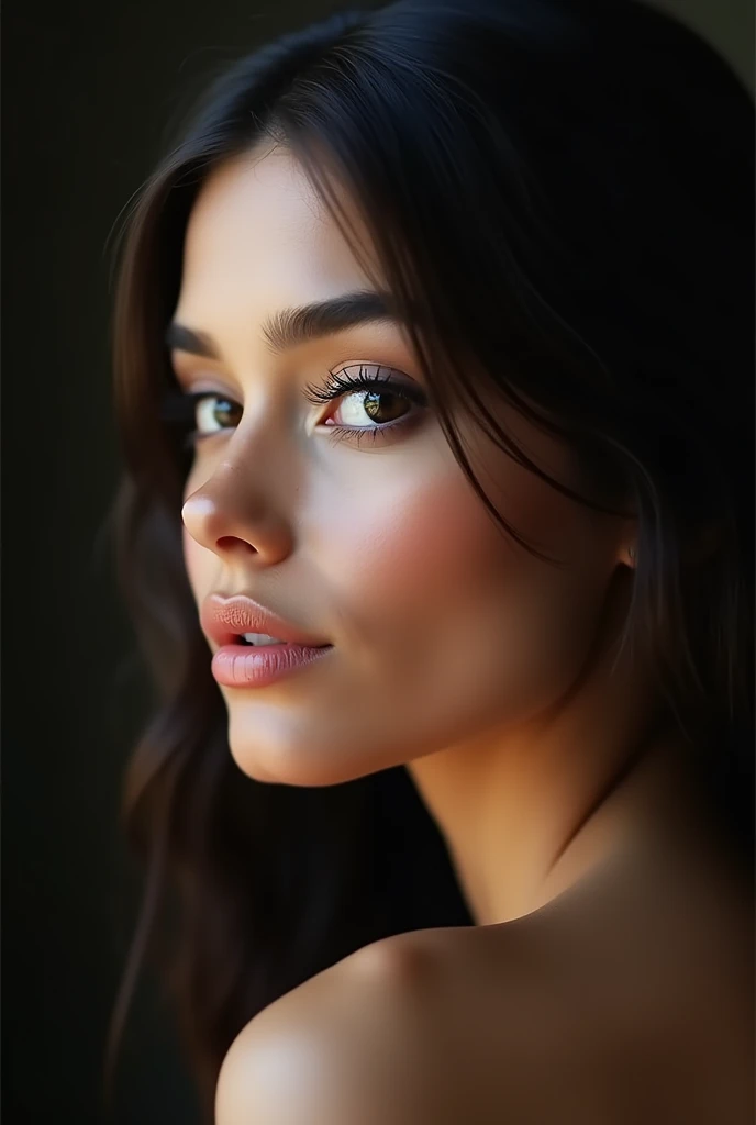 Just a woman&#39;s face in profile, well-defined full lips, delicate and upturned nose, big eyelashes, thick, well-marked and effeminate eyebrows, fox-shaped eyes, very light brown skin, very black and straight hair, well-marked jaw , gorgeous  woman, perfect smile, image ultra realistic
