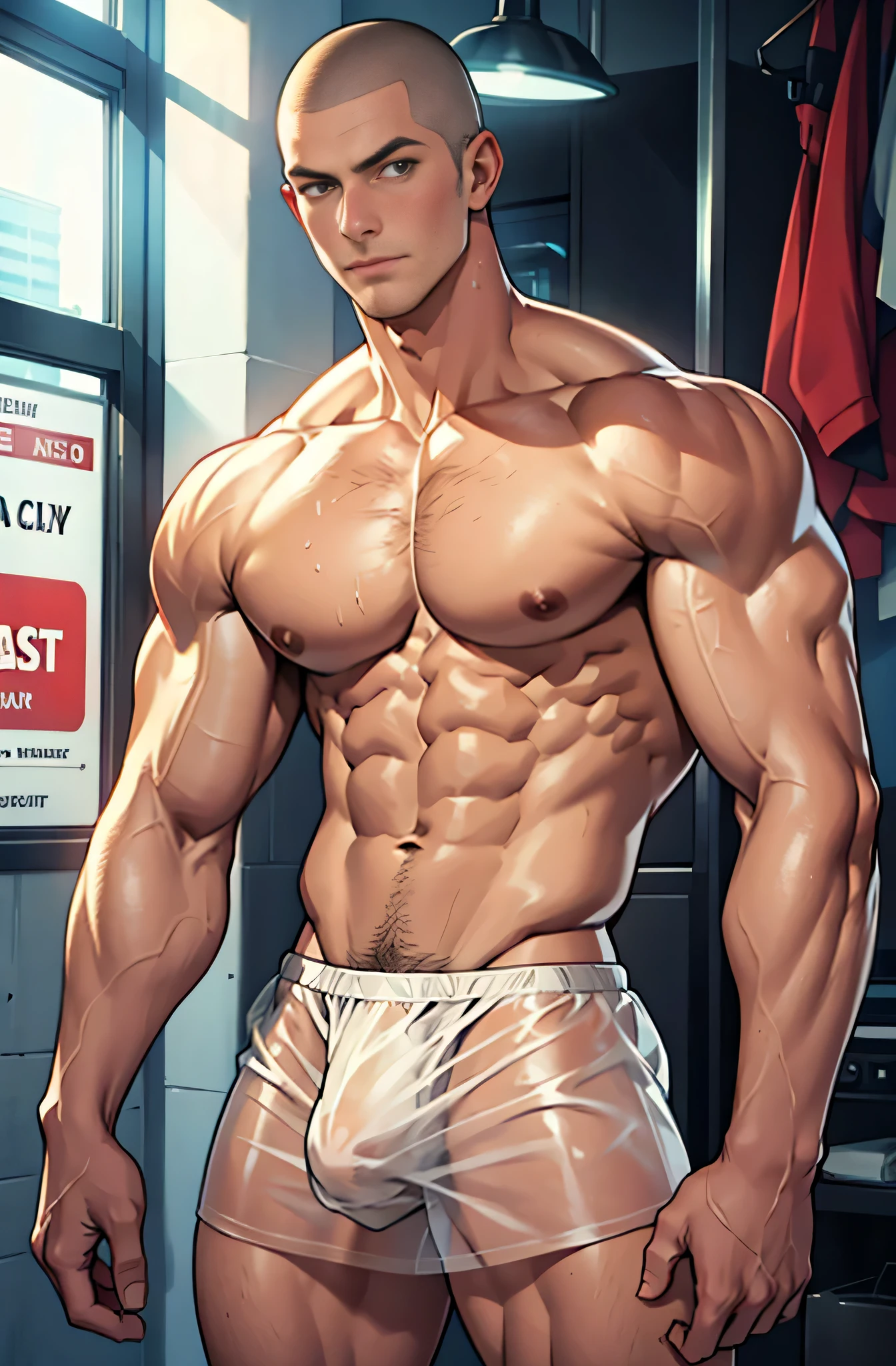 muscular buzzcut guy in only y_see-through_underwear, oily pecs, dick_print, pufipples