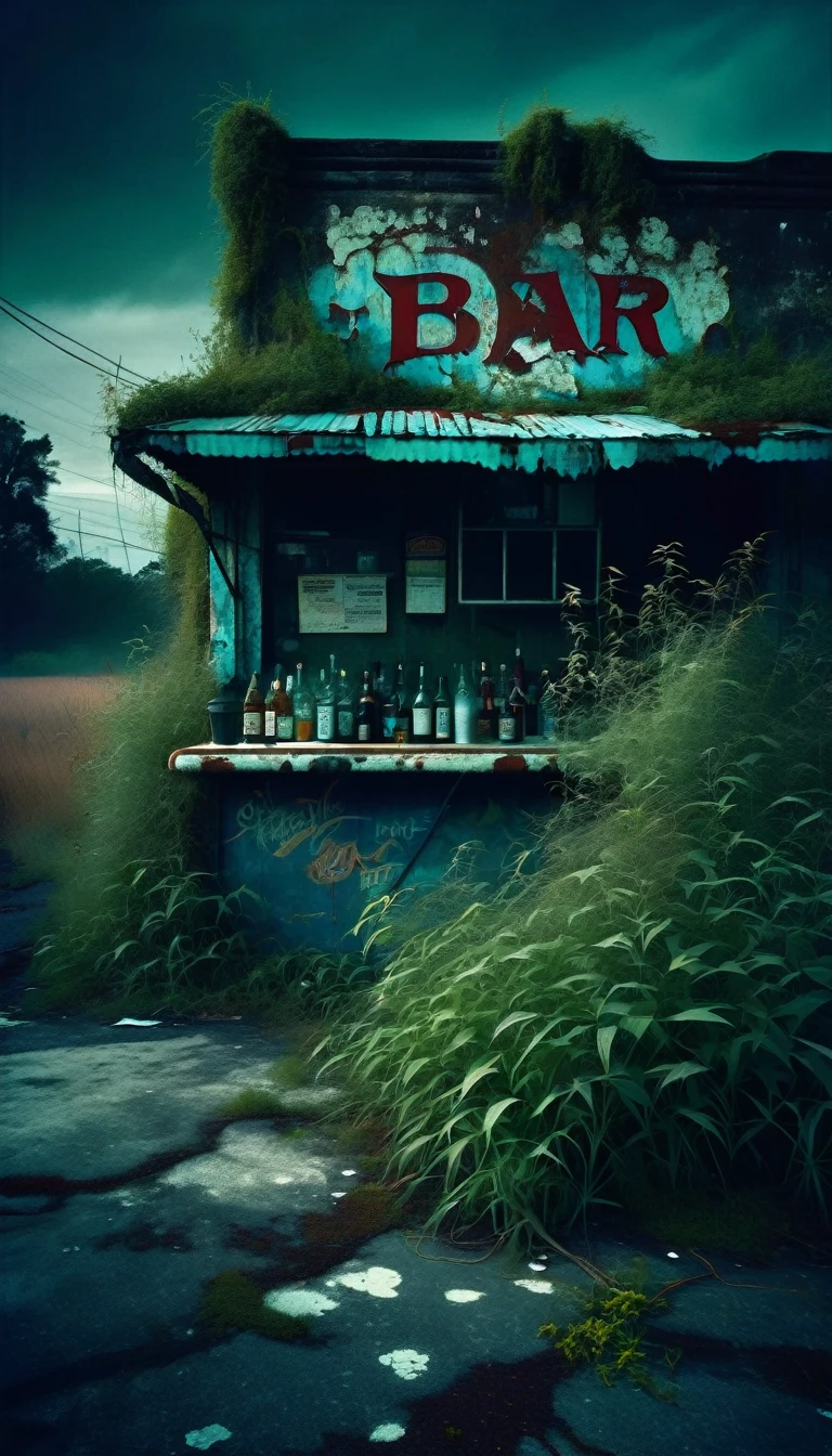 a dilapidated roadside bar in the middle of a desolate countryside, overgrown weeds and cracked pavement, shattered windows, peeling paint, rusty signage, moody lighting, gritty atmosphere, cinematic composition, dark and gloomy mood, muted color palette, art inspired by Bill Sienkiewicz and Dave Mckean.