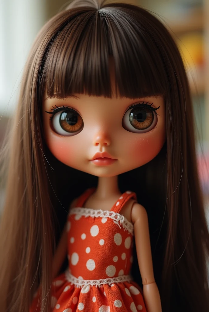 blythe doll with long straight brown hair, light dark skin , eyes browns, and bangs
