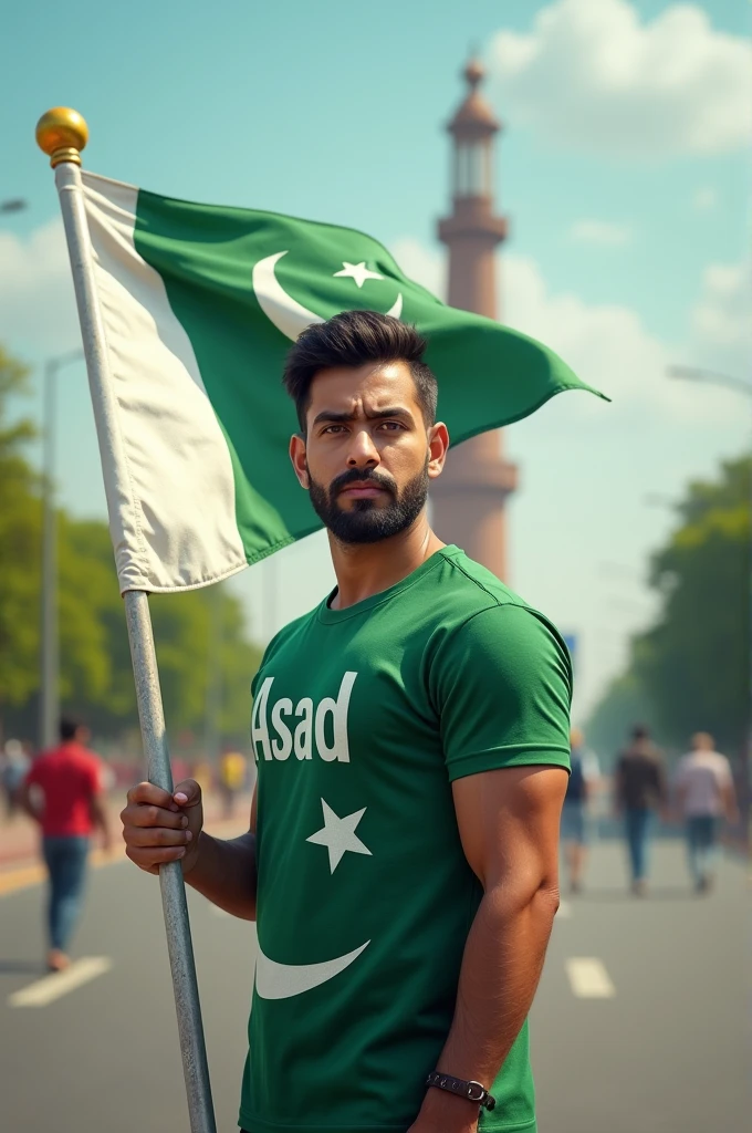 Generate a Realistic 30 years old boy, Wearing a shirt print is like pakistani flag and "asad" is written on his t-shirt and the boy is standing on the road with hand holding a national flag of Pakistan, and behind him is the Minar E Pakistan. And written on sky "Happy IndependenceDay" Create Realistic image high quality