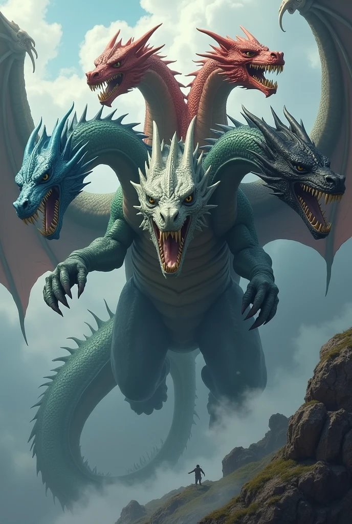 A tiamat dragon with five heads, one of each color, D&D style Hyperrealistic, splash art, concept art, mid shot, intricately detailed.
Blue head, Red head, Green head, White head and black head