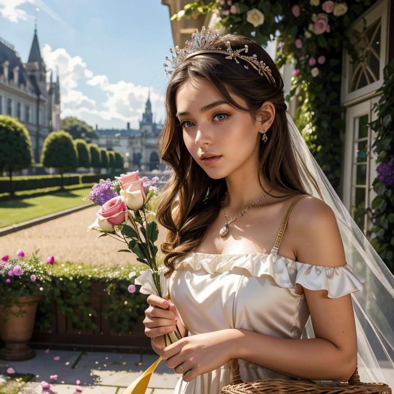 (masterpiece, best quality:1.5), highest quality, High resolution, super detailed, Realists, Upper body photo of a 22-year-old brunette flower girl, detailed and beautiful eyes, beautiful detailed lips, very detailed eyes and face, longeyelashes, 22-year-old woman in a purple short dress made of shiny satin fabric, Beautiful and colorful makeup, elegant and noble々Pose,shiny satin headband, grind, Holding flowers, Gardens as background, bright daylight, bright colors, fine brushstrokes, Portrait style, Noble details in the dress fabric, beautiful color palette, glowing skin, First-class rendering, that captures every detail, enchanting atmosphere, (perfect anatomy:1.2), (The stunning 22-year-old flower girl carries a basket of rose petals. looks surprised (magnificent panorama view:1.2)