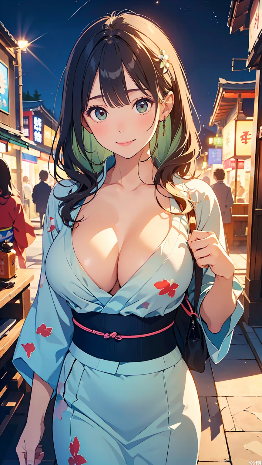 Tabletop, Highest quality, Realistic, In detail, High resolution, 8k wallpaper, Perfect dynamic composition, Beautiful attention to detail, (Shiny Hair, Medium Hair, Wavy Hair), Roll Up Hair, (natural large breasts:1.8),Cute pose, (yukata, yukata, White, Pale Green), smile, 23 years old, (Droopy Eyes), Adult Beauty, Japanese, ((Seduce, Intimate Relationships)), night, Summer festival, working,Walking while looking at shops,profile,