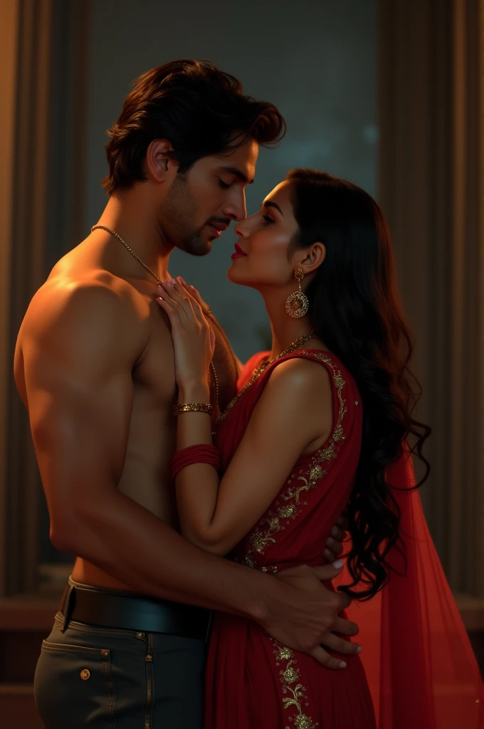 (photorealism:1.2), beautiful woman, sitting on back of masculer man wearing salwar kamez hairy chest bed, wearing loose off-shoulder top, slaveless sari, long curly hair, indoors, soft lighting, plants in background, window with sunlight, hotel, horney pose, realistic, intricate details, red colors, by Greg Rutkowski, by Alphonse Mucha