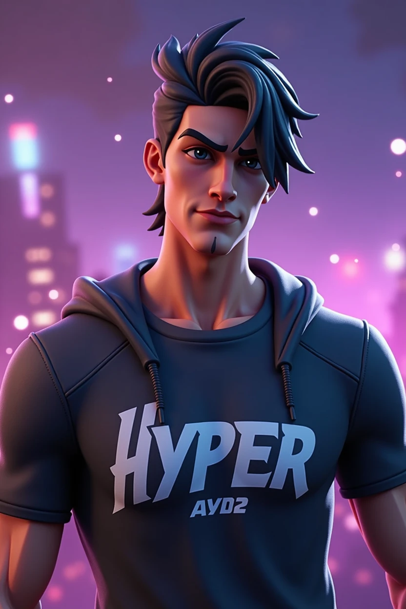 Fortnite Background with Male Fortnite Figure, Bblack hair, masculine face, with Hyper written on the shirt and a symbol of an animal bite