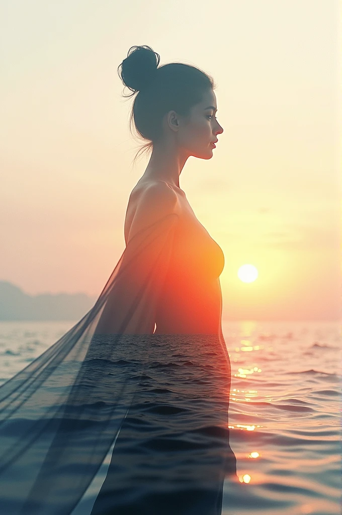 high quality、8K Ultra HD、女神のシルエットとサンセットコーストを組み合わせた美しいDouble Exposure、The Sunset Coast serves as a backdrop.、The details are captured by the Goddess、Crisp lines、The background is monochrome、Sharp focus、Double Exposure、By yukisakura、Amazing full color。
