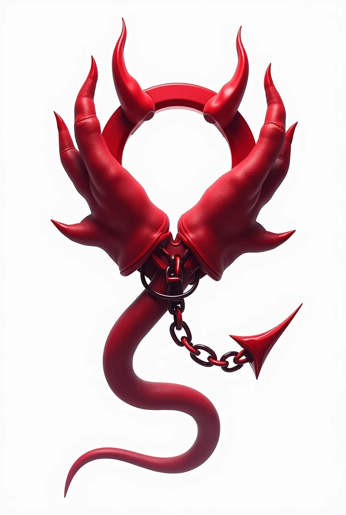 (logo design) sexy evil logo, a sexual striking red handcuff, adorned with demon horns and a sinuous chain tail extending from the base, dynamic and bold, glossy finish, high-resolution, creating an impression of sexuality and power. White background. 