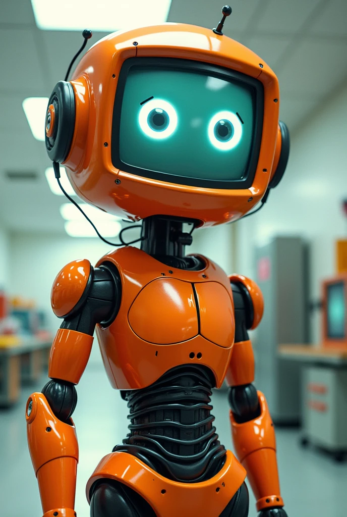 Orange robot with television head with eyes