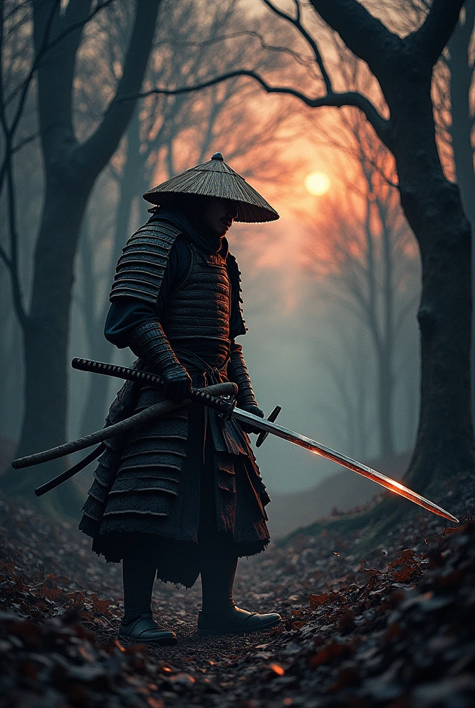 A lone samurai, with his katana, fighting the dark creatures that jump at him, He wears traditional samurai armor, worn and worn, with black and red accents. His face is partially hidden by a straw hat (kasa), revealing only his eyes. In dense, dark forest with ancient, twisted trees. The ground is covered in dry leaves, Twilight, with the sky painted in shades of orange and purple. The remaining light filters through the trees, casting long, eerie shadows.