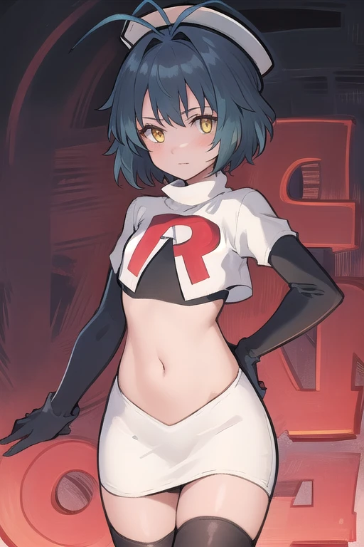 best quality, (masterpiece:1.2), illustration, absurdres, (1girl), (beautiful detailed girl),
Millium Orion, blue hair, short hair, antenna hair, ahoge, yellow eyes, flat chest,
black hat, headwear,
team rocket,team rocket uniform,white skirt,red letter R,crop top,black thigh-highs,black elbow gloves,
looking at viewer,