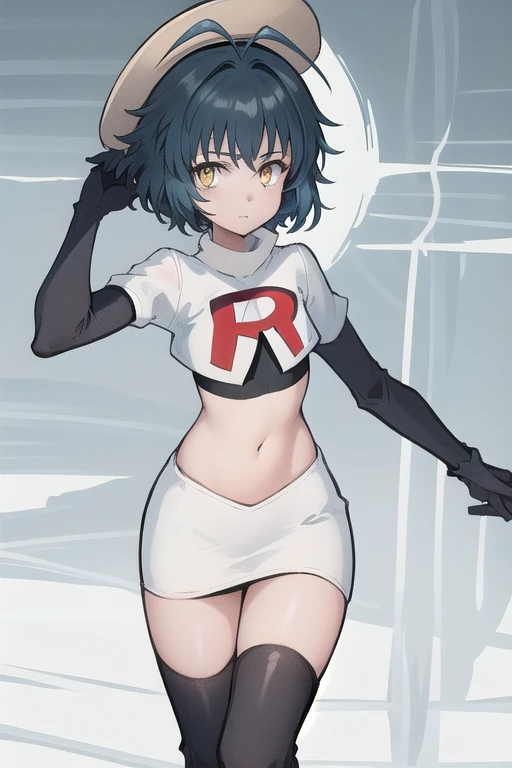best quality, (masterpiece:1.2), illustration, absurdres, (1girl), (beautiful detailed girl),
Millium Orion, blue hair, short hair, antenna hair, ahoge, yellow eyes, flat chest,
black hat, headwear,
team rocket,team rocket uniform,white skirt,red letter R,crop top,black thigh-highs,black elbow gloves,
looking at viewer,
