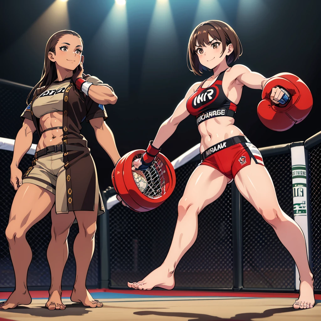 A young woman, quite short, with brown eyes, brown fringed hair, she's a grappler, an MMA fighter, she wears a couple of red fingerless gloves and a MMA suite, fit and toned, barefooted, full body picture,with a shy smile onto her face, she's alone in the picture, and she's standing into a MMA cage