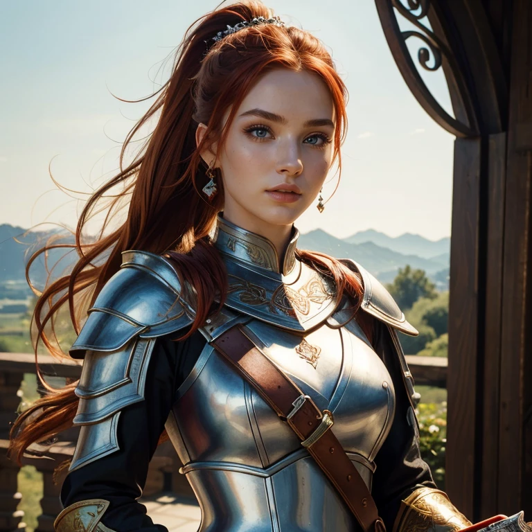 (​masterpiece, best quality:1.5), highest quality, High resolution, super detailed, Realists, Upper body photo of a red-haired warrior , detailed and beautiful eyes, beautiful detailed lips, very detailed eyes and face, longeyelashes, Warrior in noble armor made of reflective white metal, Noble details on the armor. Beautiful and colorful makeup, ponytail hairstyle, Gardens as background, bright daylight, bright colors, fine brushstrokes, Portrait style, beautiful color palette, glowing skin, First-class rendering, that captures every detail, enchanting atmosphere, (perfect anatomy:1.2), (The stunning warrior holds a richly decorated sword in her hand.  (magnificent panorama view:1.2)