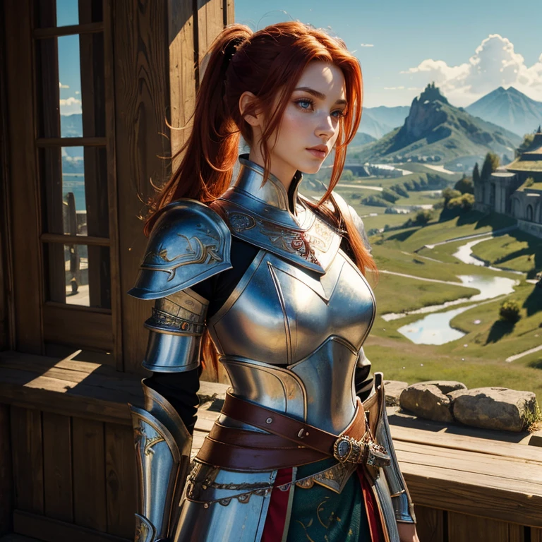 (masterpiece, best quality:1.5), highest quality, High resolution, super detailed, Realists, Upper body photo of a red-haired warrior , detailed and beautiful eyes, beautiful detailed lips, very detailed eyes and face, longeyelashes, Warrior in noble armor made of reflective white metal, Noble details on the armor. Beautiful and colorful makeup, ponytail hairstyle, Gardens as background, bright daylight, bright colors, fine brushstrokes, Portrait style, beautiful color palette, glowing skin, First-class rendering, that captures every detail, enchanting atmosphere, (perfect anatomy:1.2), (The stunning warrior holds a richly decorated sword in her hand. (magnificent panorama view:1.2)