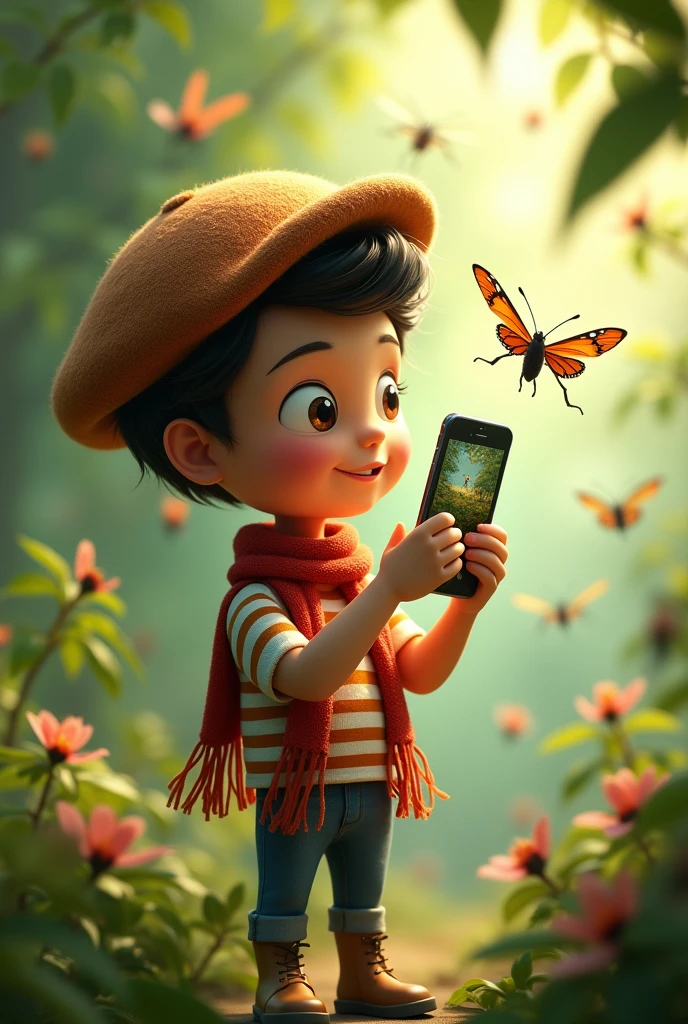 A french cut animated man taking pictures of bugs and butterflies by his mobilephone in front of his mobilephone