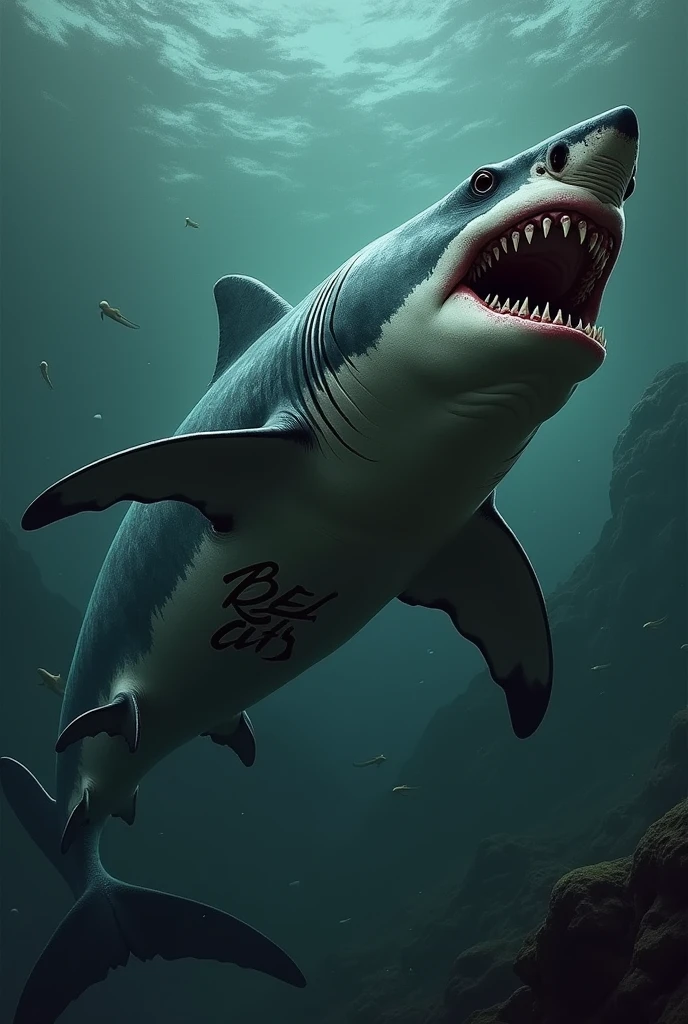 A strong shark with a tattoo that says Bel city 
