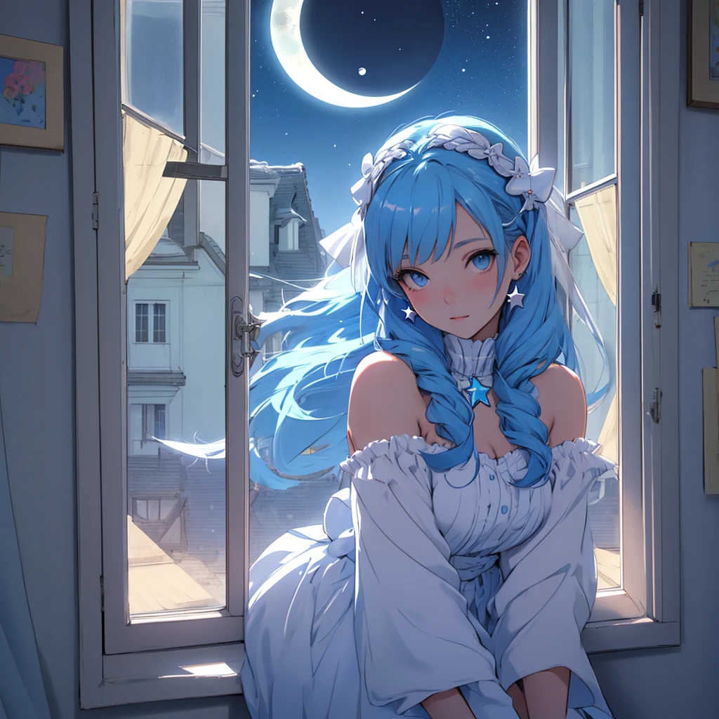 A white girl with blue hair with star hair accessories, that beautiful girl is looking at the moon from the window