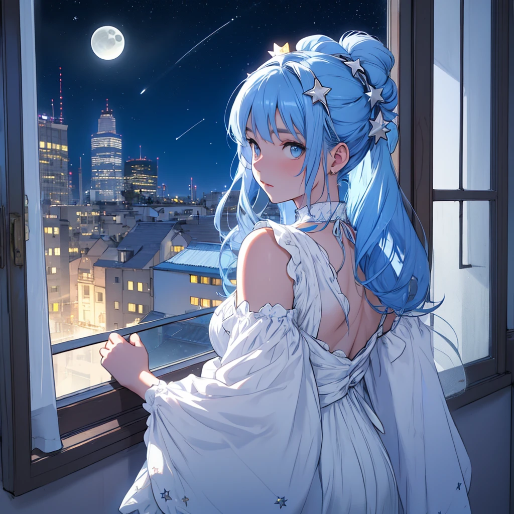 A white girl with blue hair with star hair accessories, that beautiful girl is looking at the moon from the window