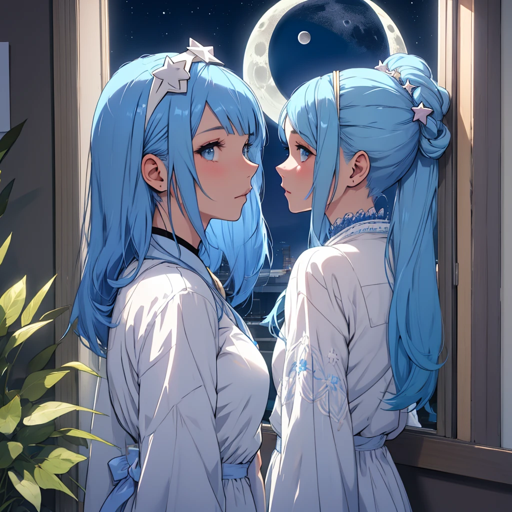 A white girl with blue hair with star hair accessories, that beautiful girl is looking at the moon from the window