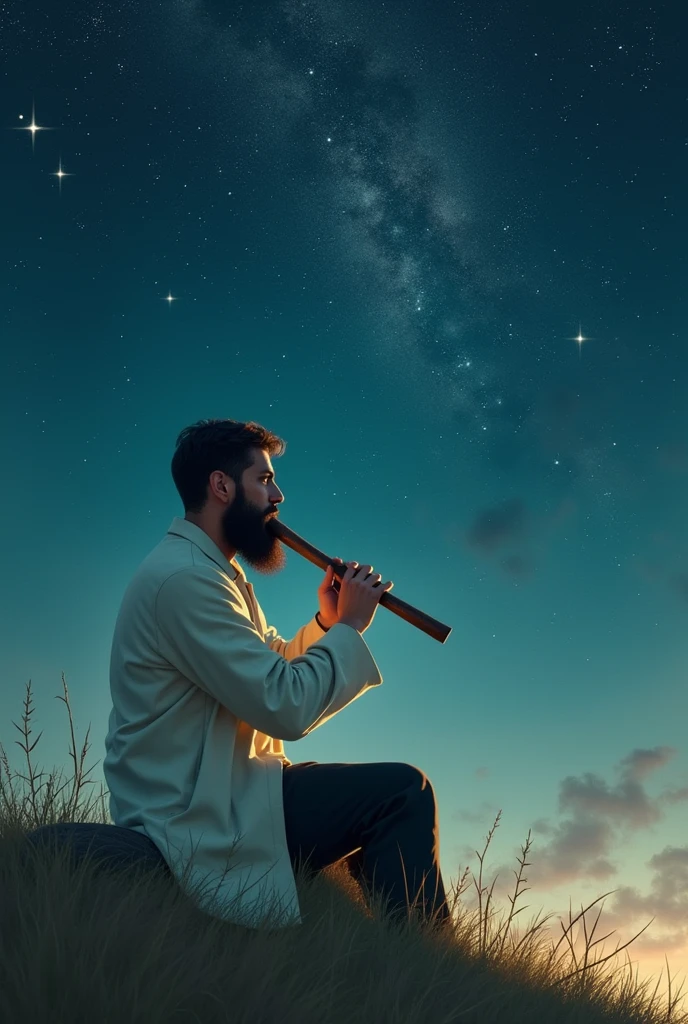 Young tall boy with beard playing flute sitting at top of hill on a sky full of star asthetic painting wearing white coat and black pant from back
