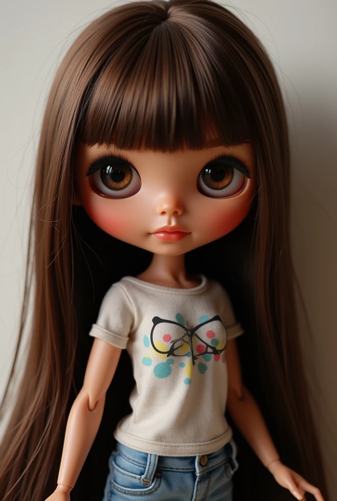 blythe doll with long straight brown hair, darkskin , brown dark eyes, and bangs