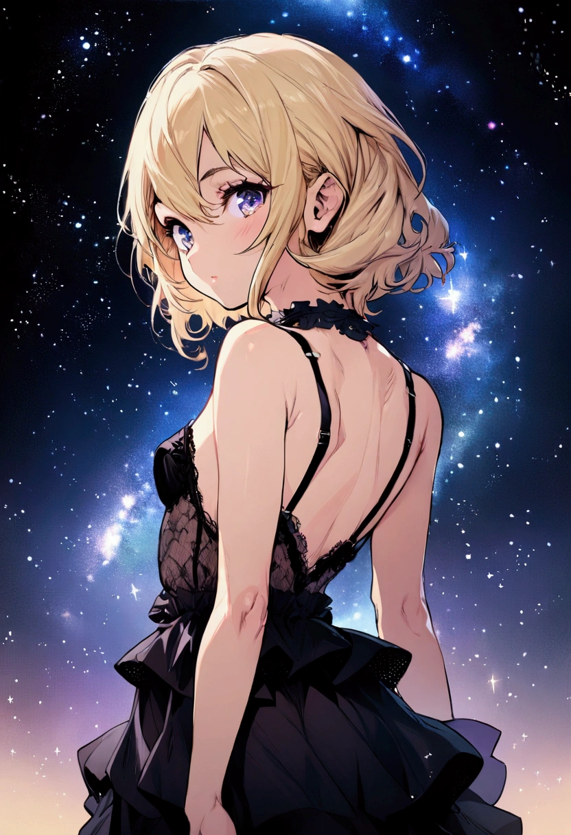 top quality, high_resolution, distinct_Image, detailed background, young girl, slim, blonde, cute eyes, starry sky, lingerie, from behind looking at the viewer,