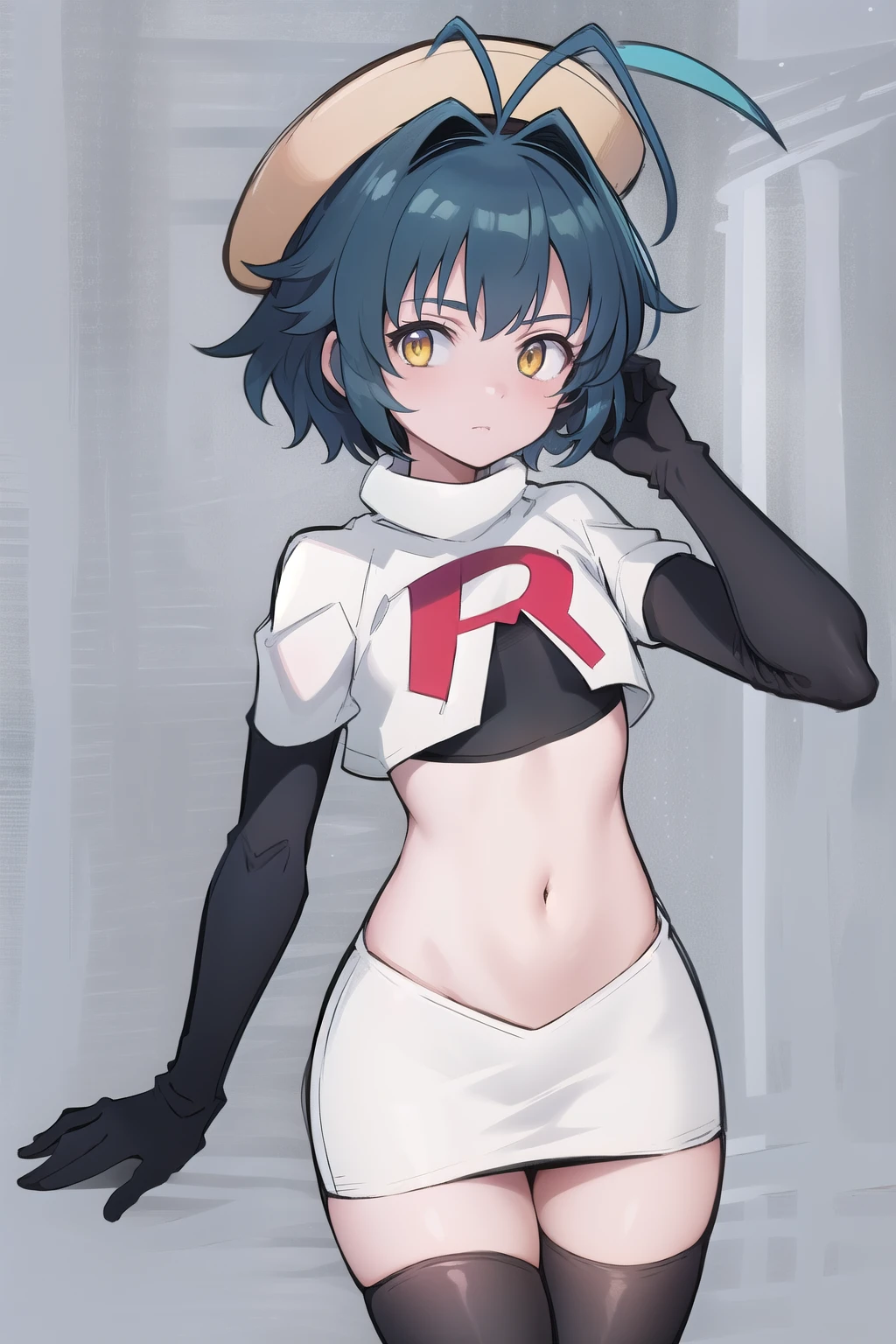 best quality, (masterpiece:1.2), illustration, absurdres, (1girl), (beautiful detailed girl),
Millium Orion, blue hair, short hair, antenna hair, ahoge, yellow eyes,  flat chest,
black hat, headwear,
team rocket,team rocket uniform,white skirt,red letter R,crop top,black thigh-highs,black elbow gloves, 
looking at viewer,