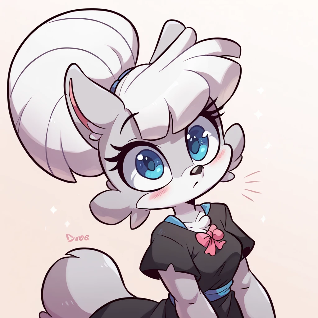 ****** fox, female, white hair, silver fur, blue eyes, cute ***, , alone, kid , white hair, cute, black dress, by diives