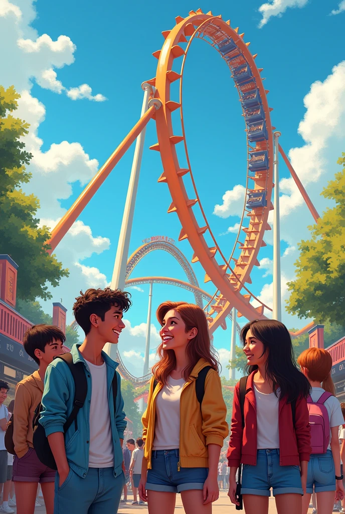 A group of friends waiting in a long line to ride a roller coaster