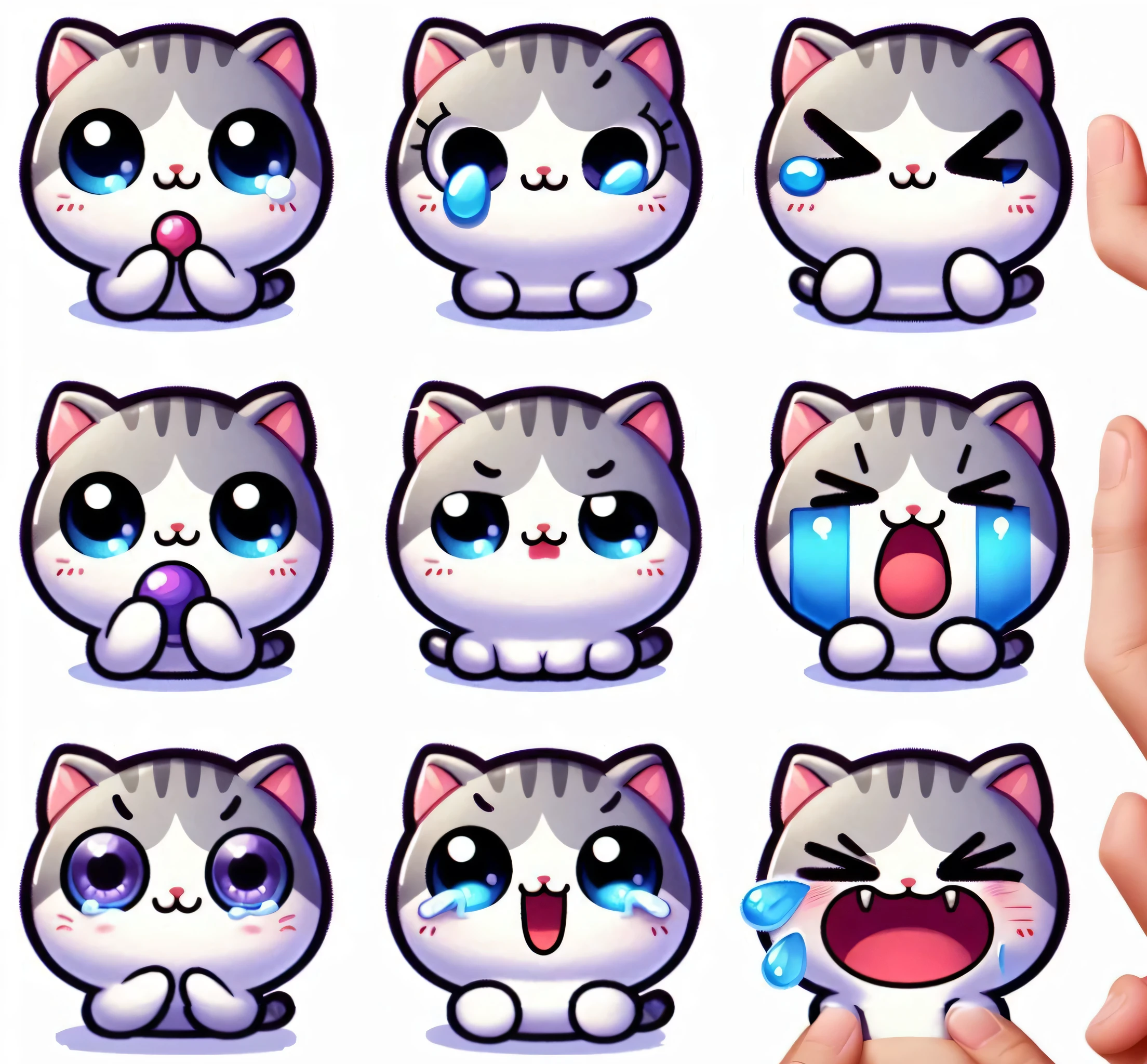 Close-up of a cat with different expressions on its face, Kawaii cat, anime cat, Cute expression, Fat red wall gray cat, Kawaii, telegram stickers, Cute digital art, Cute cats, Cute faces, Cute, telegram stickers design, Twitch emoticon, cat, Cute artwork, anime visual of a Cute cat, Cute cartoon, Digital art emoji collection