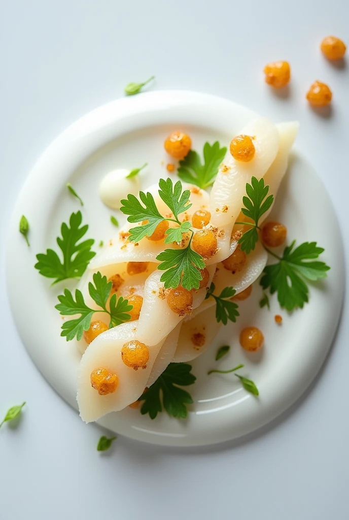 deconstruction of blonde sea bass ceviche with lime spherifications, Praline of dried fruits and coriander leaves