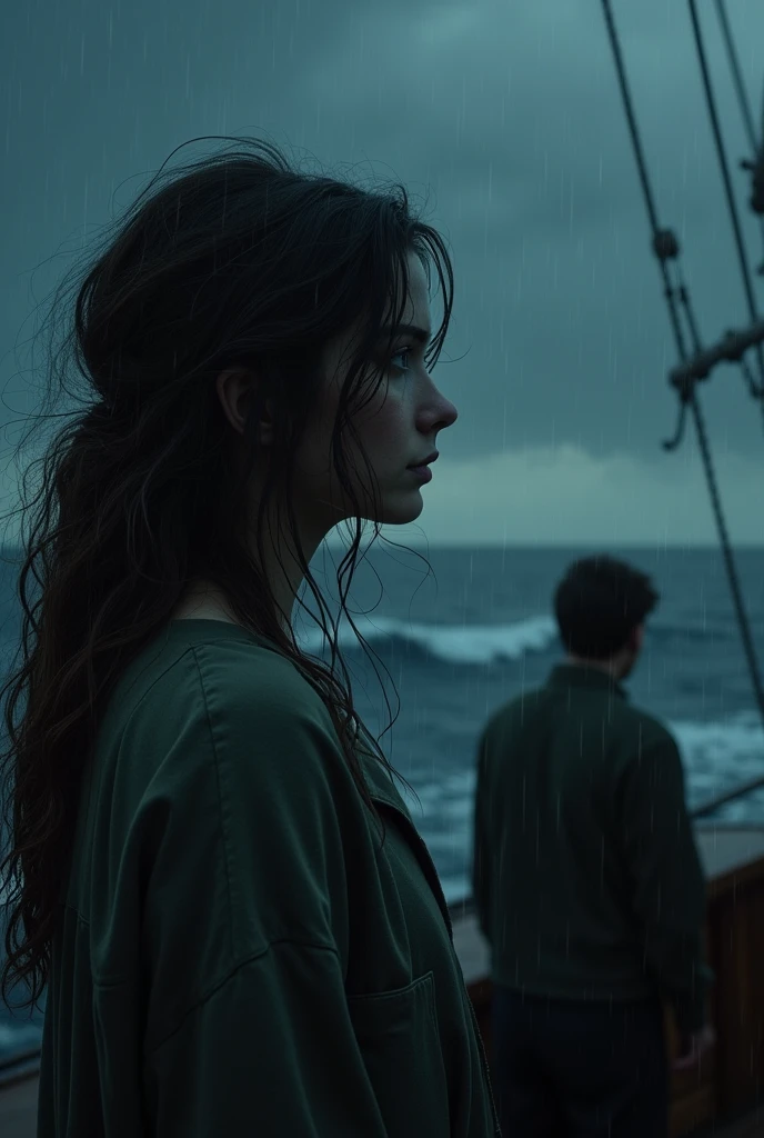 A woman watches the sea from a ship on a dark night while it rains. Her hair is wavy. A young man watches her from a distance.